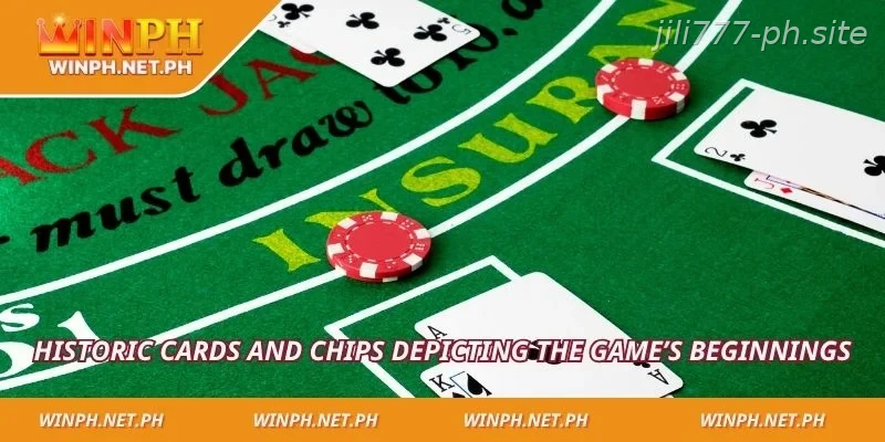 Historic cards and chips depicting the game’s beginnings